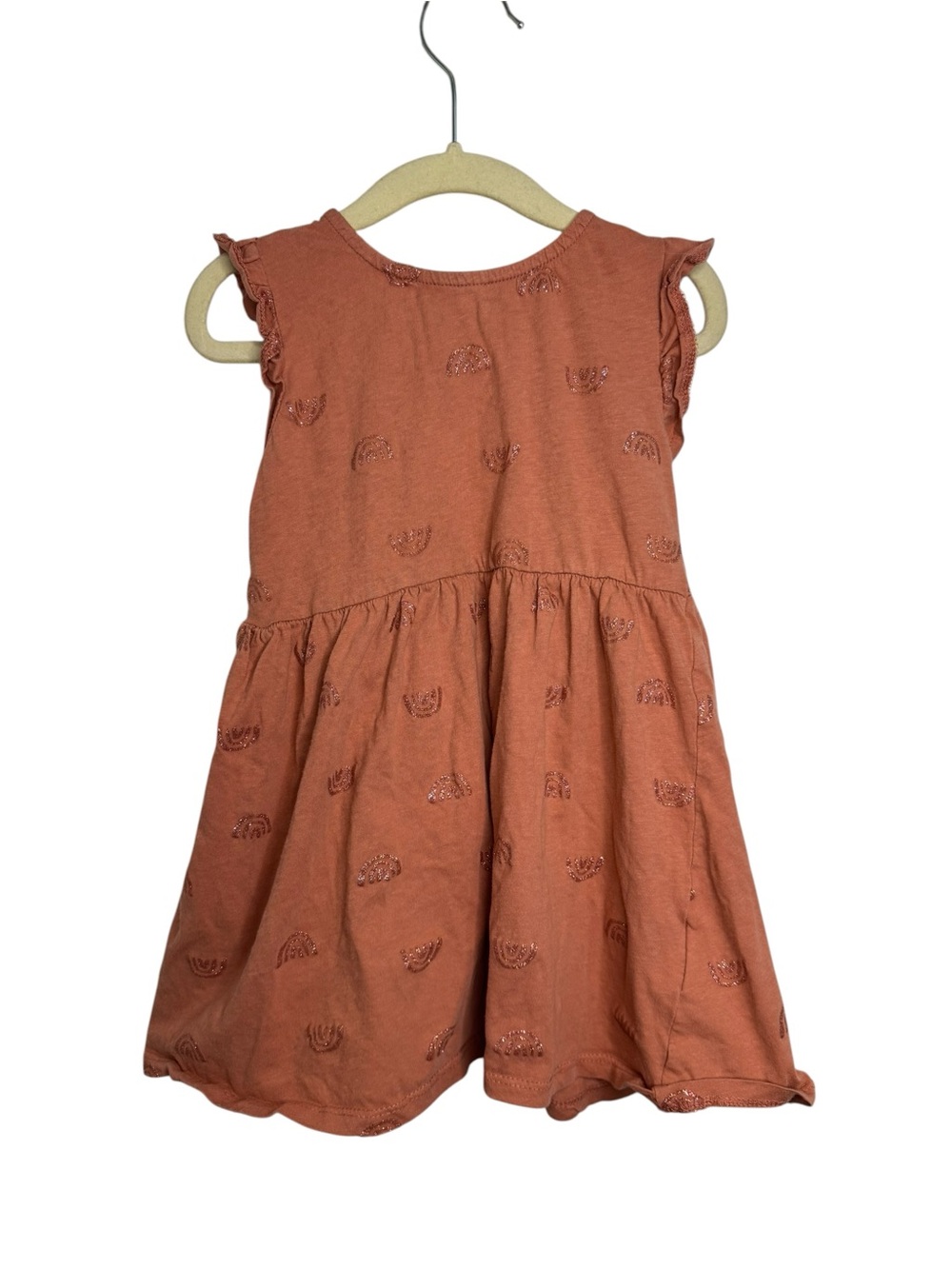 H&M 100% Cotton Girls Salmon Pink Glitter Sparkle Rainbow Ruffle Sleeve 2-4yrs